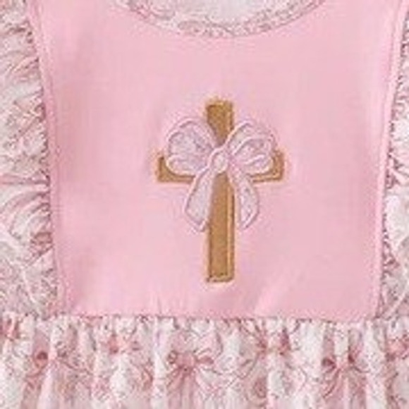 Girls Pink Toile Bow Cross Embroidered Flutter Sleeve Dress Christian Easter 12M - Picture 2 of 3